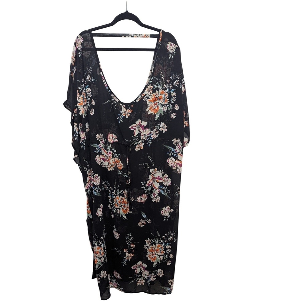 Beach Scene Floral Kaftan Coverup Womens 3X New Sheer Resort Wear Black